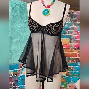 Fredericks Of Hollywood Black and Gold Sheer Babydoll Lingerie Chemise Size S